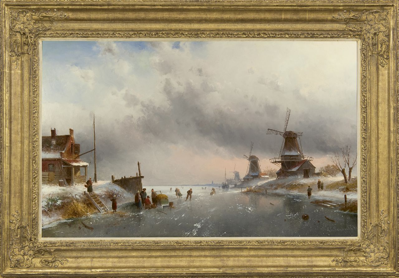 Leickert C.H.J.  | 'Charles' Henri Joseph Leickert, Winter landscape with figures on a frozen river, oil on canvas 61.9 x 100.2 cm, signed l.r. and dated '81
