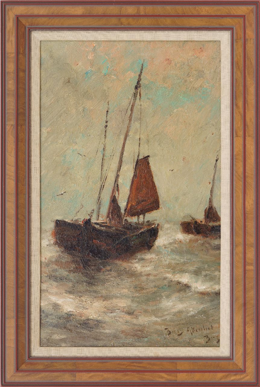 Berg B.R.  | Betzy Rezora Berg, Fishing vessels in the surf, Scheveningen, oil on canvas 50.3 x 30.3 cm, signed l.r. and on a label on the stretcher and painted ca. 1885-1888