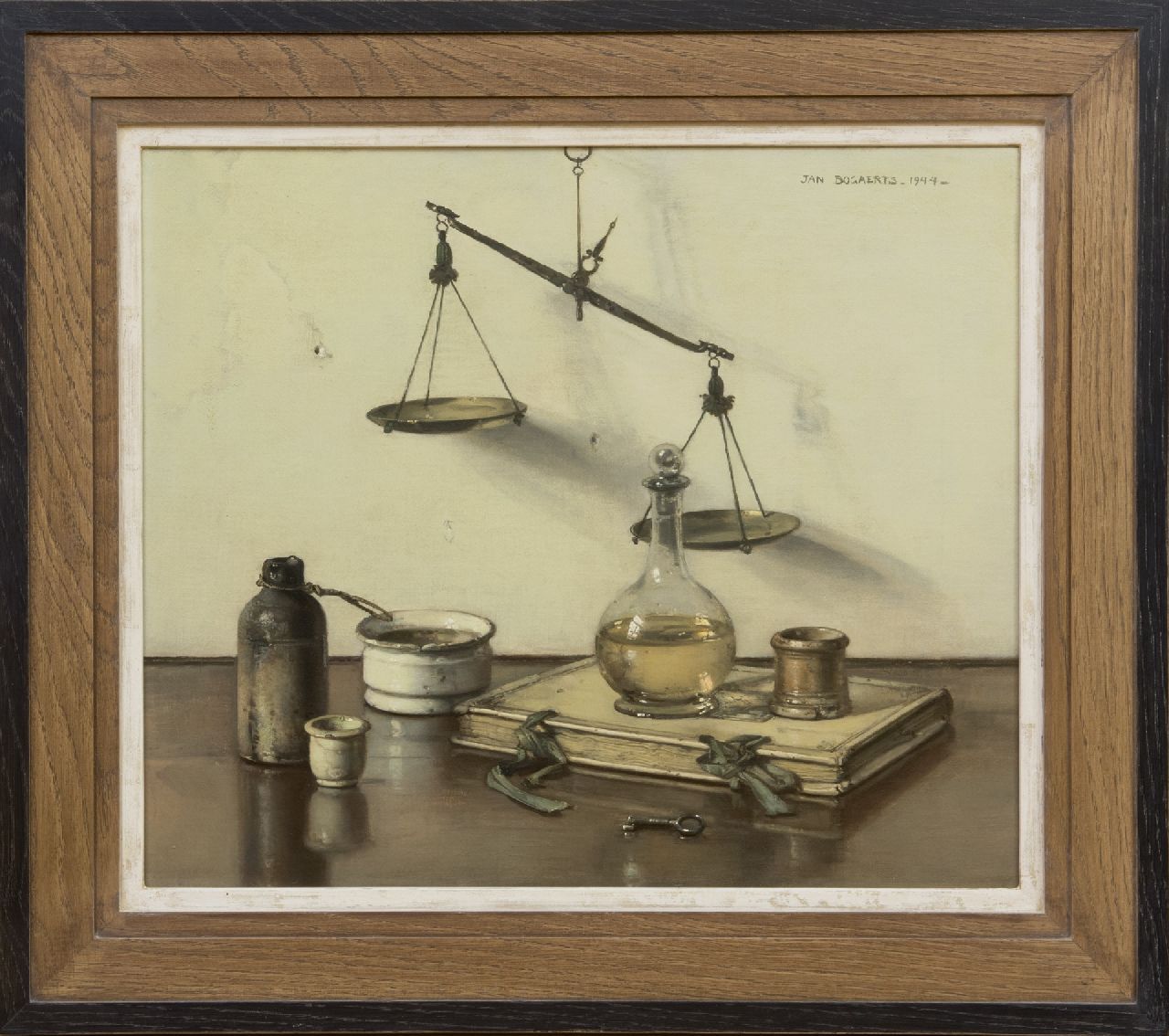Bogaerts J.J.M.  | Johannes Jacobus Maria 'Jan' Bogaerts, A still life with a balance, book and a carafe, oil on canvas 36.0 x 42.9 cm, signed u.r. and dated 1944