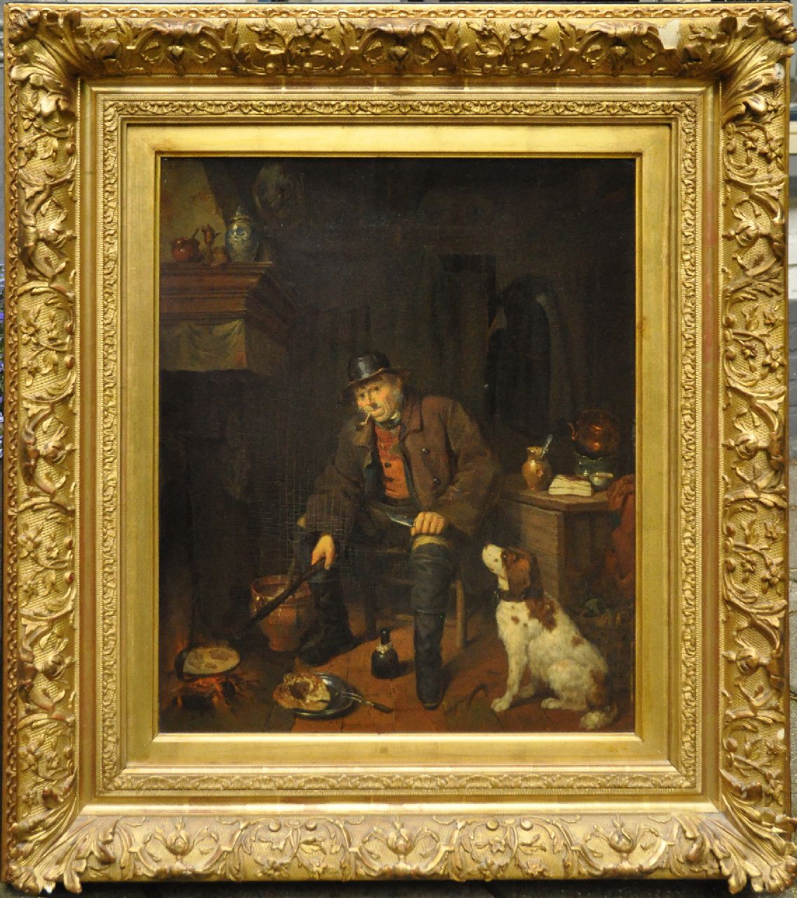 Canta J.A.  | Johannes Antonius Canta | Paintings offered for sale | An interior with a hunter and his dog, oil on panel 58.8 x 47.3 cm, signed c.r. on the table edge