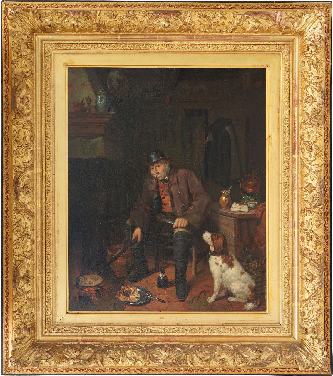 Canta J.A.  | Johannes Antonius Canta | Paintings offered for sale | An interior with a hunter and his dog, oil on panel 58.8 x 47.3 cm, signed c.r. on the table edge