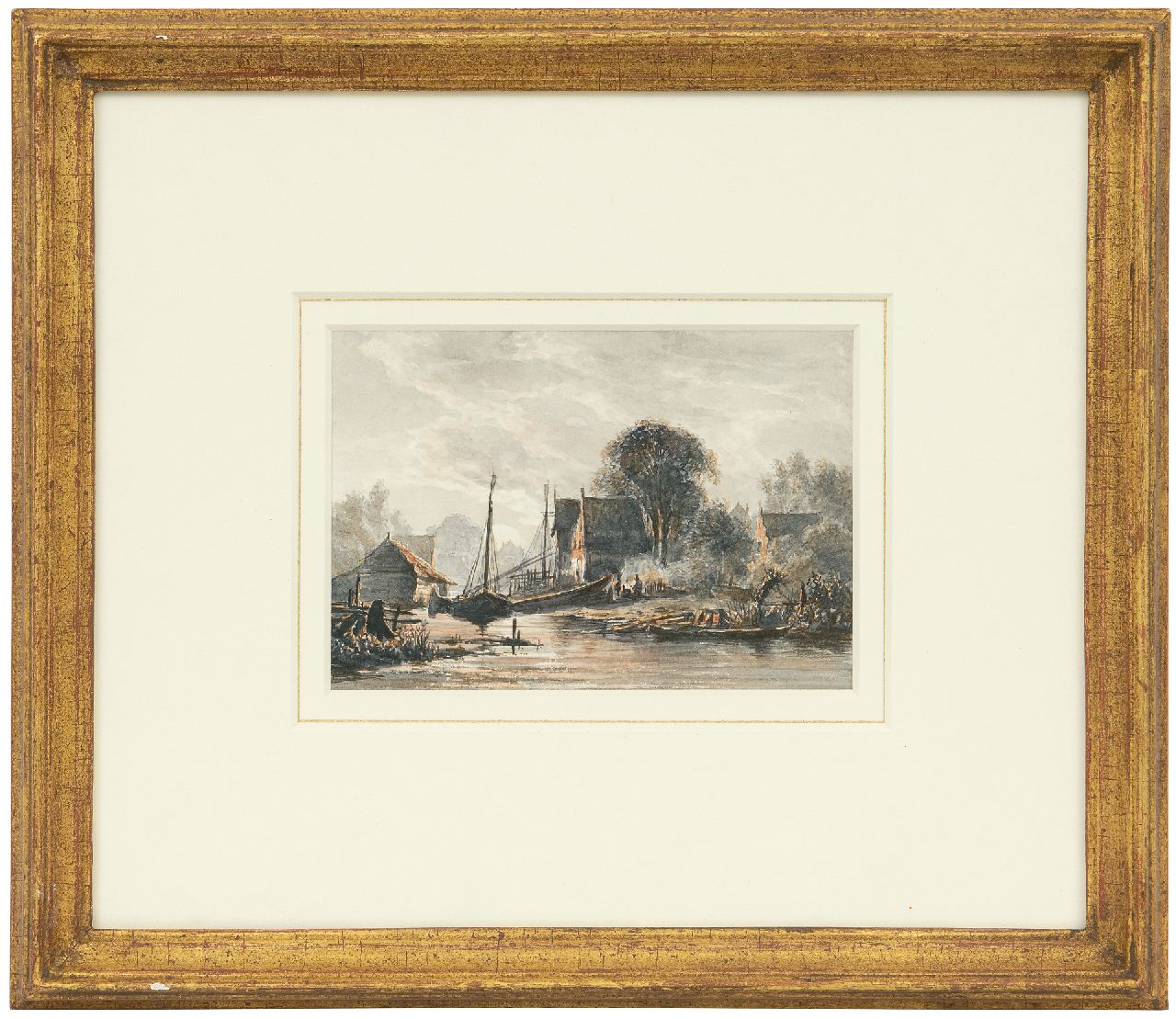 Abels J.Th.  | 'Jacobus' Theodorus Abels, Moonlit shipyard, watercolour on paper 10.4 x 14.9 cm, signed on the reverse with monogram and dated 1856 on the reverse