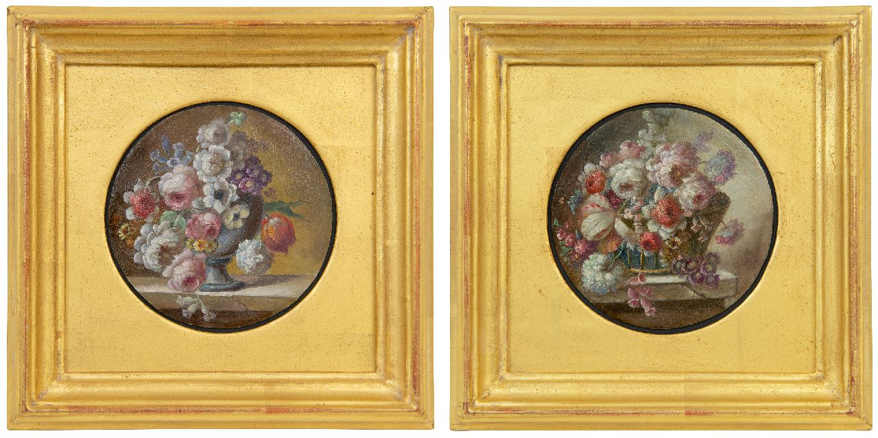 Spaendonck (omgeving van) C. van | Cornelis van Spaendonck (omgeving van) | Paintings offered for sale | Miniatures of a still life with cabbage roses (2), oil on copper 8.6 cm