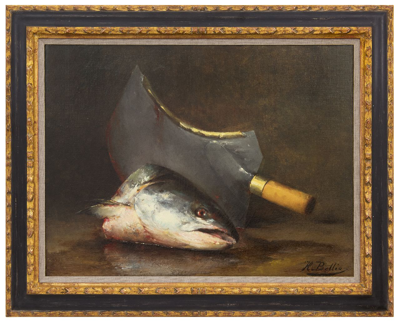 Bellis J.L.  | Josse-Lambert 'Hubert' Bellis, A still life with a fish head and cleaver, oil on canvas 47.2 x 63.0 cm, signed l.r.