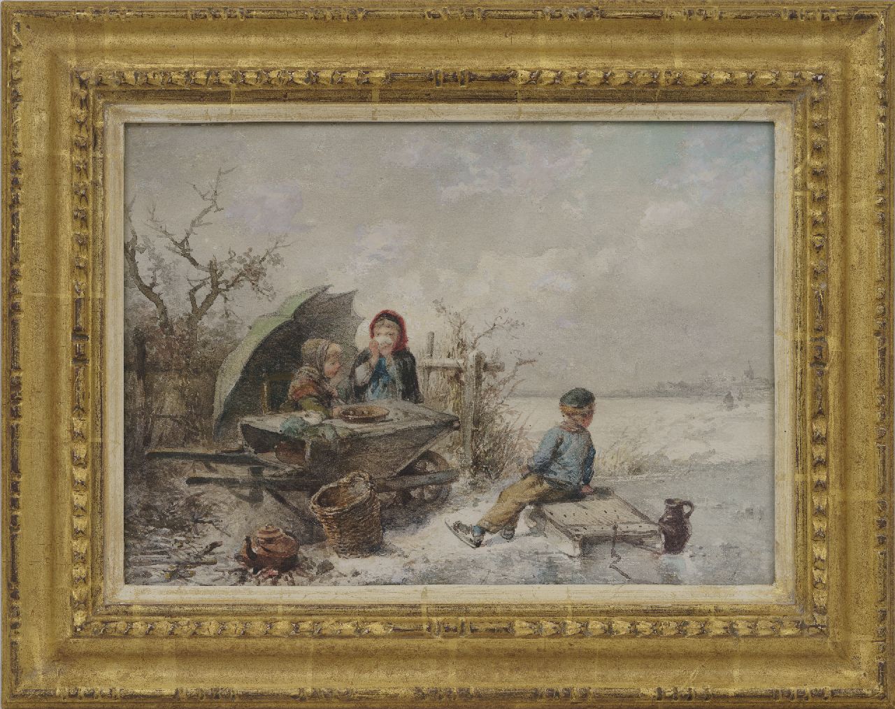 Kate J.M.H. ten | Johan 'Mari' Henri ten Kate | Watercolours and drawings offered for sale | Children playing on the ice, watercolour on paper 25.4 x 35.1 cm, signed l.l. (with fragments of signature)