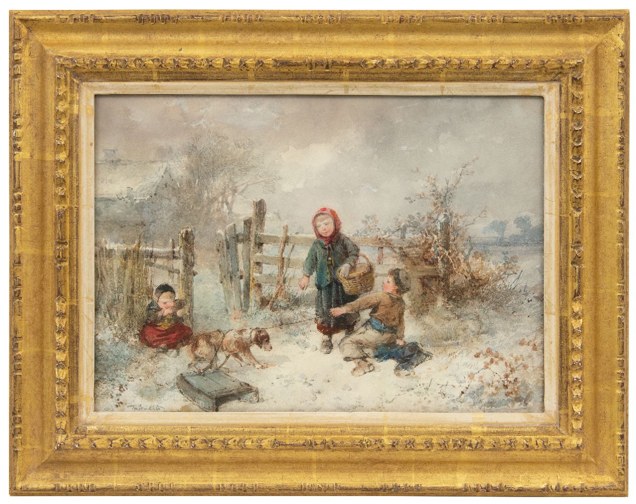 Kate J.M.H. ten | Johan 'Mari' Henri ten Kate | Watercolours and drawings offered for sale | Children playing in the snow, watercolour on paper 25.7 x 35.9 cm, signed l.l.
