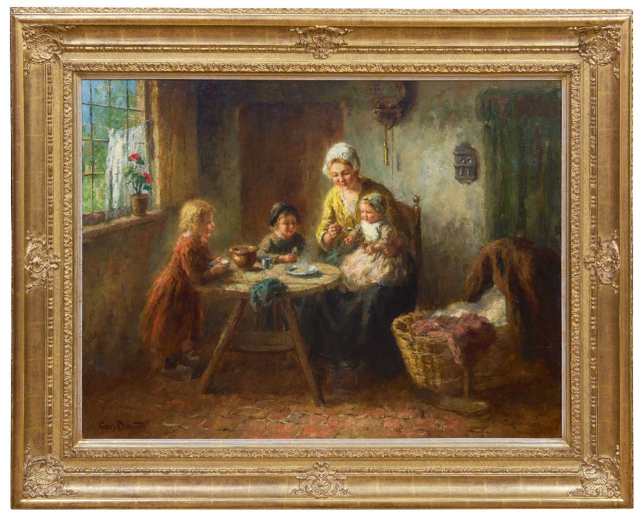 Bouter C.W.  | Cornelis Wouter 'Cor' Bouter, Interior with mother and children at mealtime, oil on canvas 75.1 x 99.9 cm, signed l.l.