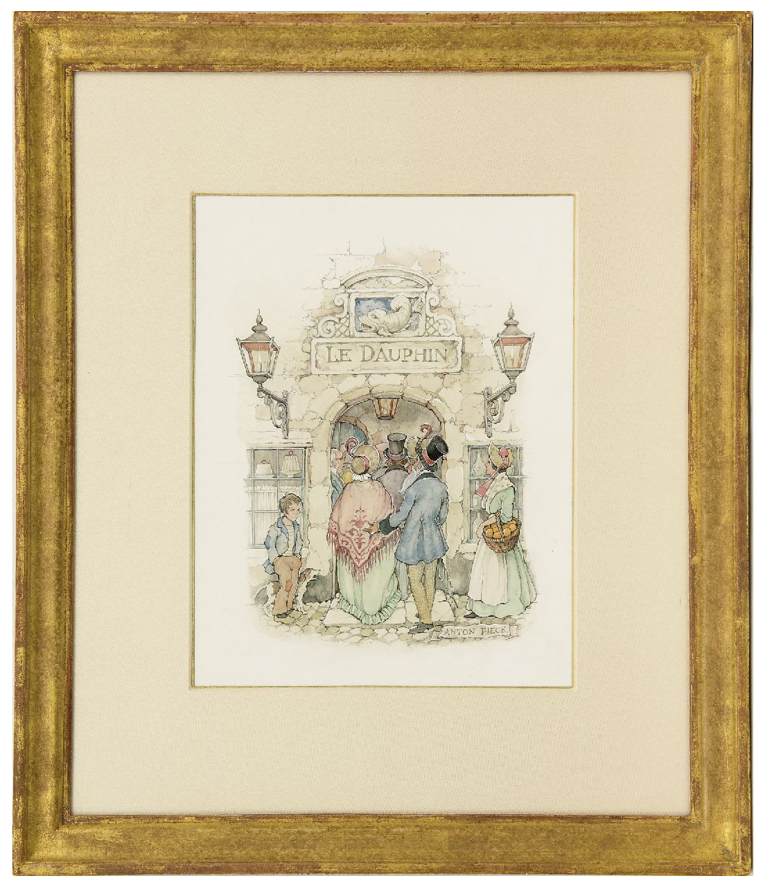 Pieck A.F.  | 'Anton' Franciscus Pieck, Company entering 'Le Dauphin', pencil and watercolour on paper 29.7 x 23.0 cm, signed l.r.