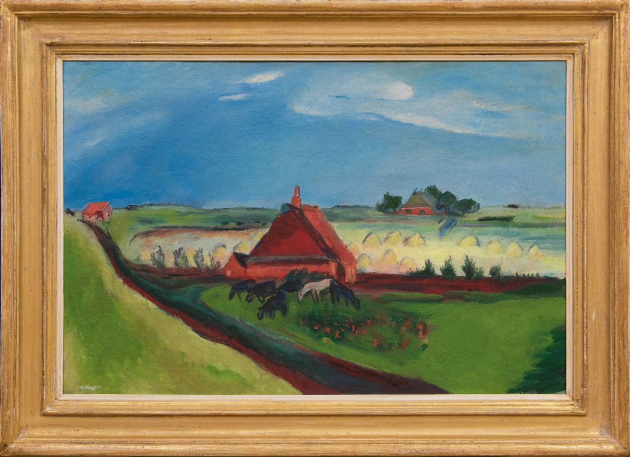 Wiegers J.  | Jan Wiegers, A polder landscape with seawall, Groningen, wax paint on canvas 53.0 x 80.3 cm, signed l.l. and painted ca. 1930-1933