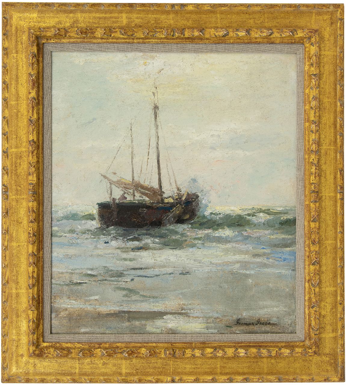 Grobe P.G.  | Philipp 'German' Grobe | Paintings offered for sale | A fishing vesselin the surf, Katwijk, oil on canvas laid down on panel 46.4 x 40.5 cm, signed l.r.