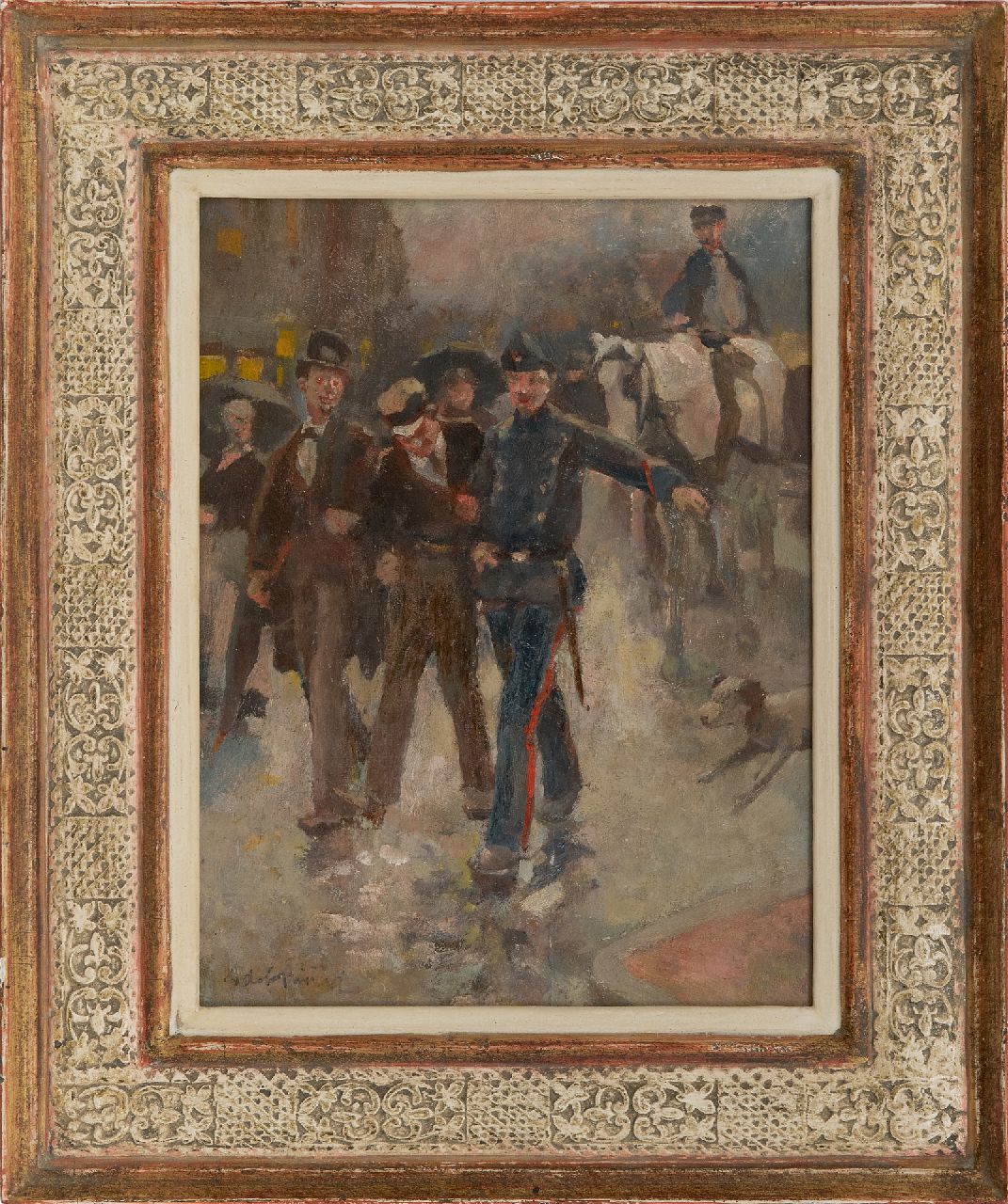 Rivière A.P. de la | Adrianus Philippus 'Adriaan' de la Rivière | Paintings offered for sale | Under arrest, oil on panel 25.8 x 19.5 cm, signed l.l.