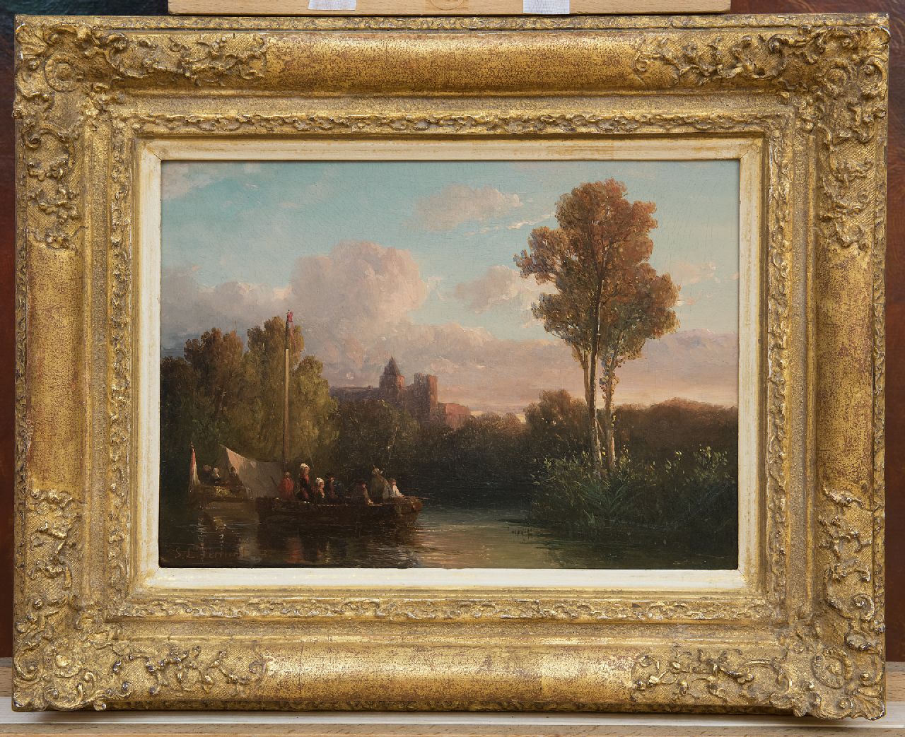Verveer S.L.  | 'Salomon' Leonardus Verveer | Paintings offered for sale | A joyful boat trip at sunset, oil on panel 19.4 x 26.6 cm, signed l.l. and painted '53 [?] vague