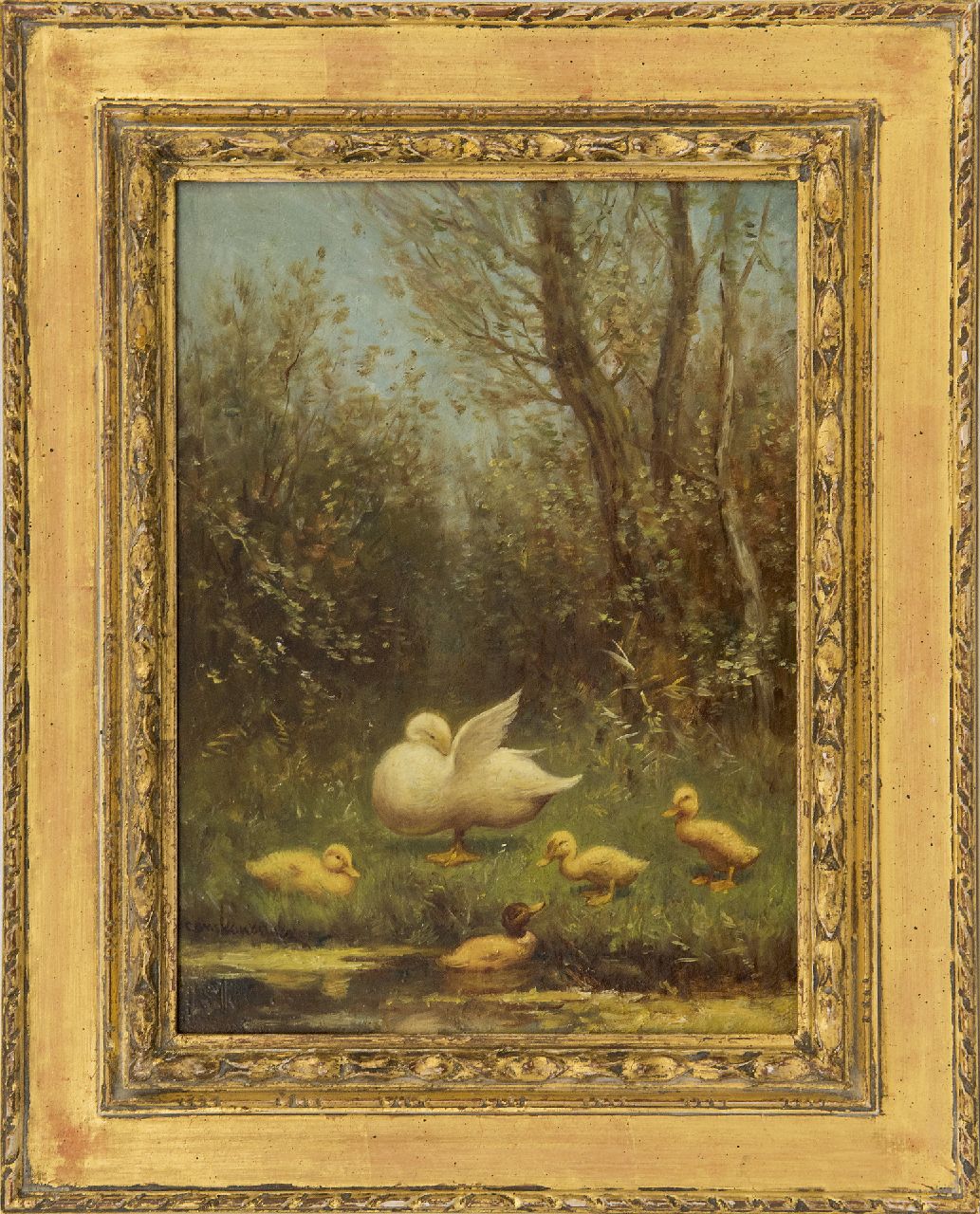 Artz C.D.L.  | 'Constant' David Ludovic Artz, Motherduck and her ducklings on a river bank, oil on panel 24.1 x 18.1 cm, signed l.l.