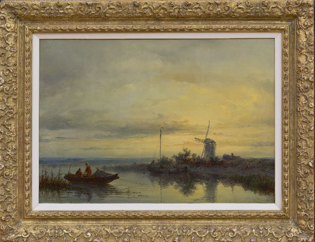 Hilverdink J.  | Johannes Hilverdink | Paintings offered for sale | A river landscape with a rowing boat and fishermen, oil on panel 31.1 x 44.5 cm, signed l.r. and dated 1869