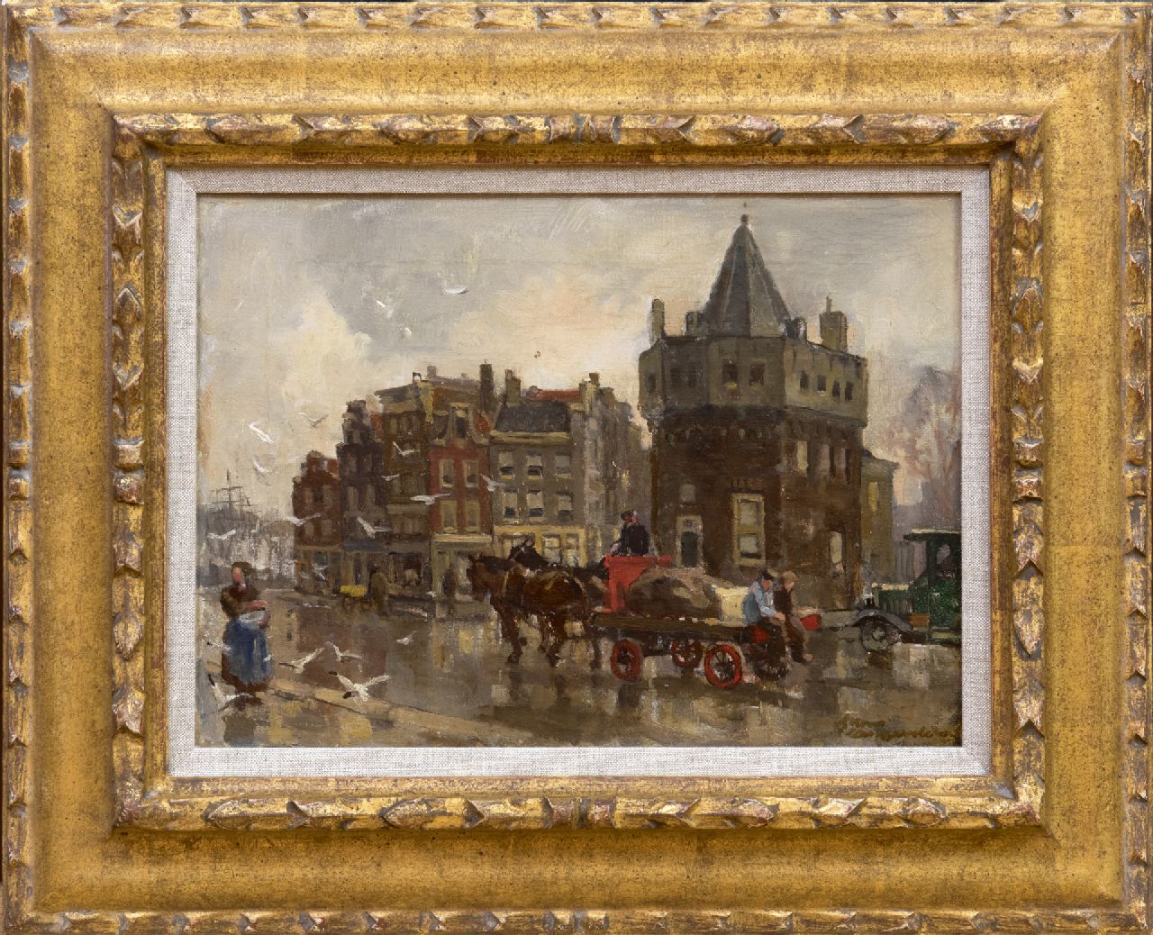 Langeveld F.A.  | Franciscus Arnoldus 'Frans' Langeveld, A horse and cart near the Schreierstoren, Amsterdam, oil on canvas 24.3 x 33.4 cm, signed l.r.
