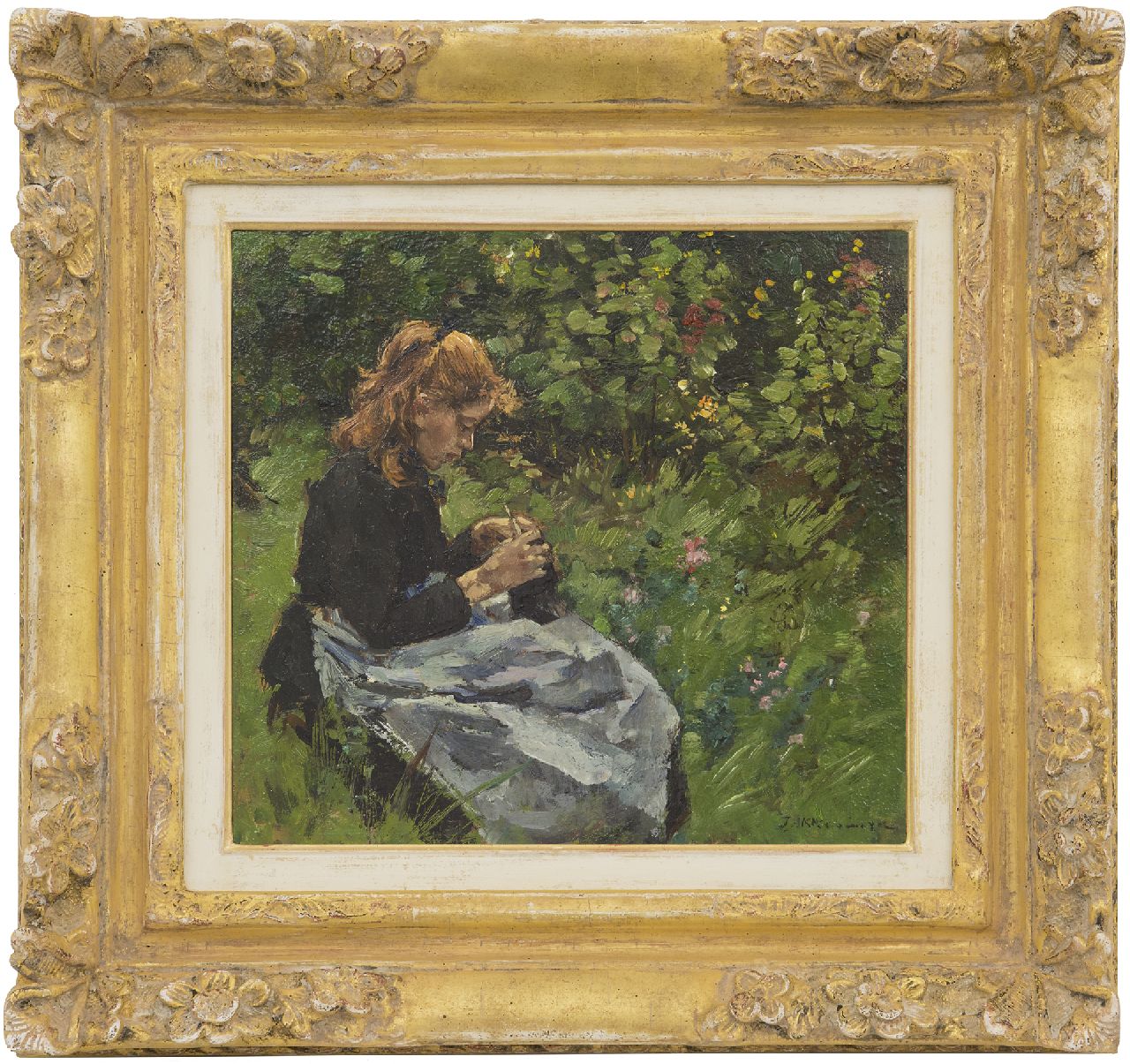 Akkeringa J.E.H.  | 'Johannes Evert' Hendrik Akkeringa, Afternoon in the garden, oil on panel 23.6 x 25.7 cm, signed l.r.