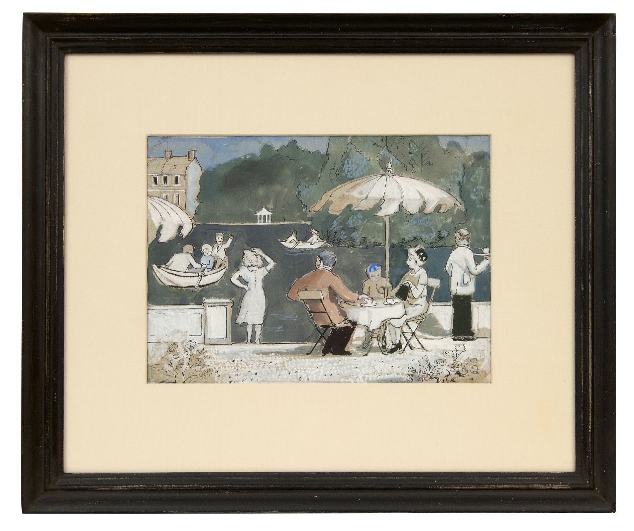 Kamerlingh Onnes H.H.  | 'Harm' Henrick Kamerlingh Onnes | Watercolours and drawings offered for sale | Terras aan de Oude Rijn between Valkenburg and Oegstgeest, pen, ink and watercolour on paper 19.5 x 27.0 cm, painted circa 1960