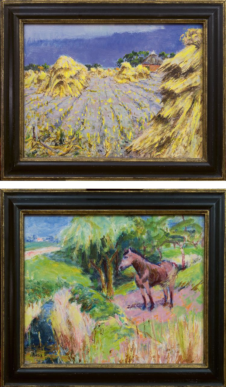 Altink J.  | Jan Altink, Flax field; on the reverse: A horse in a field, wax paint on canvas 58.0 x 78.5 cm, signed l.l. on the reverse and painted ca. 1930