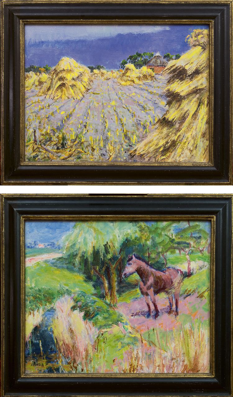 Altink J.  | Jan Altink, Flax field; on the reverse: A horse in a field, wax paint on canvas 58.0 x 78.5 cm, signed l.l. on the reverse and painted ca. 1930