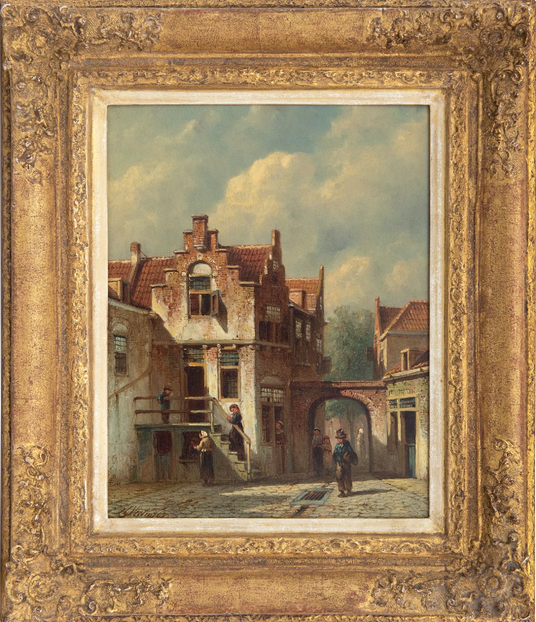 Vertin P.G.  | Petrus Gerardus Vertin | Paintings offered for sale | A sunny Dutch street and some people at the town gate, oil on panel 26.1 x 20.5 cm, signed l.l. and dated '67