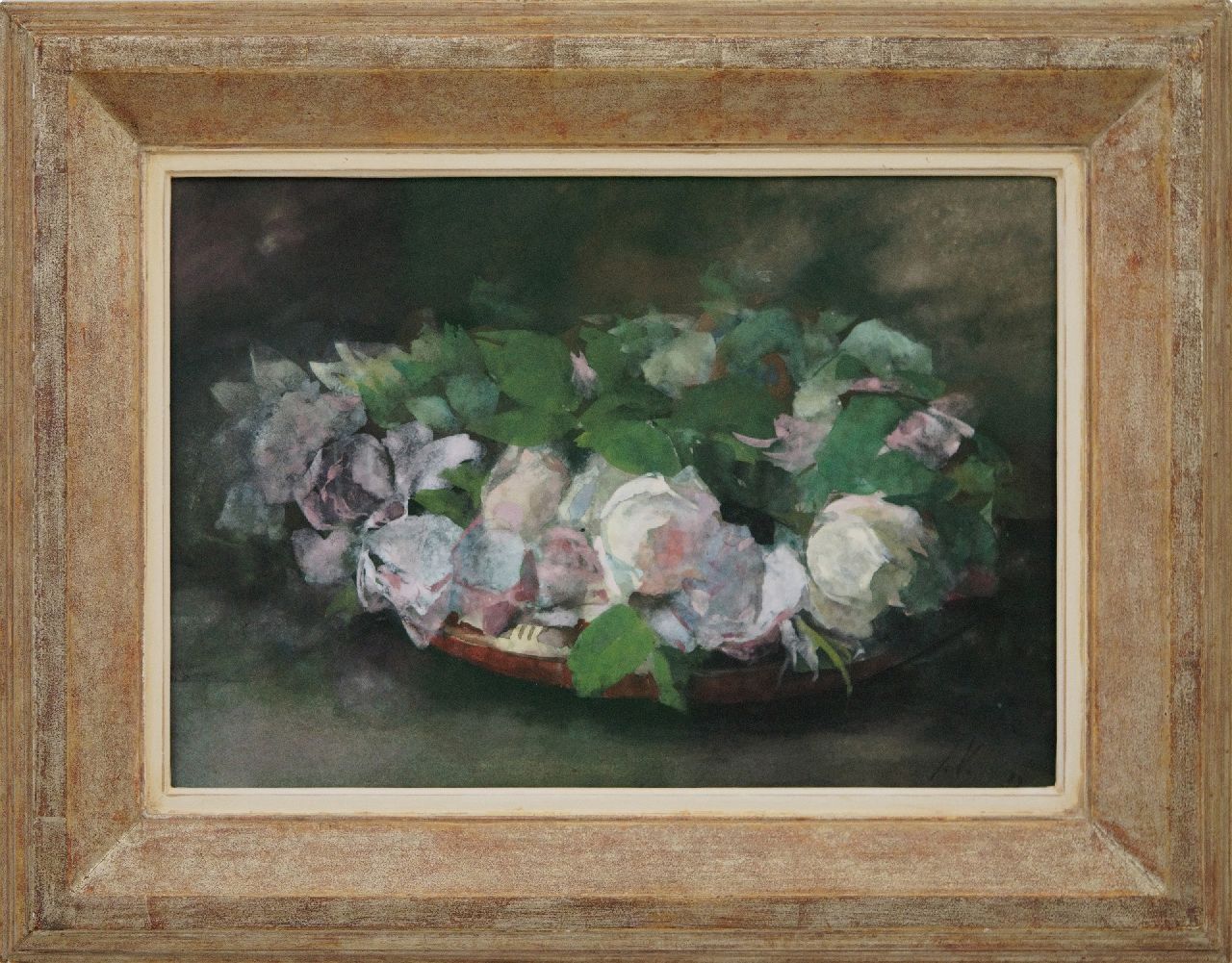 Voerman sr. J.  | Jan Voerman sr., Pink 'La France'-roses in a bowl, watercolour on paper 30.0 x 44.0 cm, signed l.r. with initials and dated '89