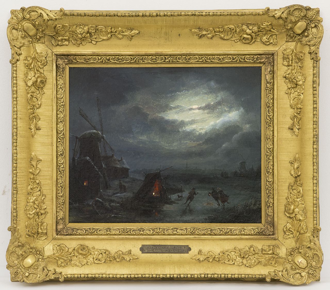 Tetar van Elven J.B.  | Jan 'Johannes' Baptist Tetar van Elven | Paintings offered for sale | Moonlit winter landscape with skaters, oil on canvas 27.3 x 33.6 cm, signed on the reverse