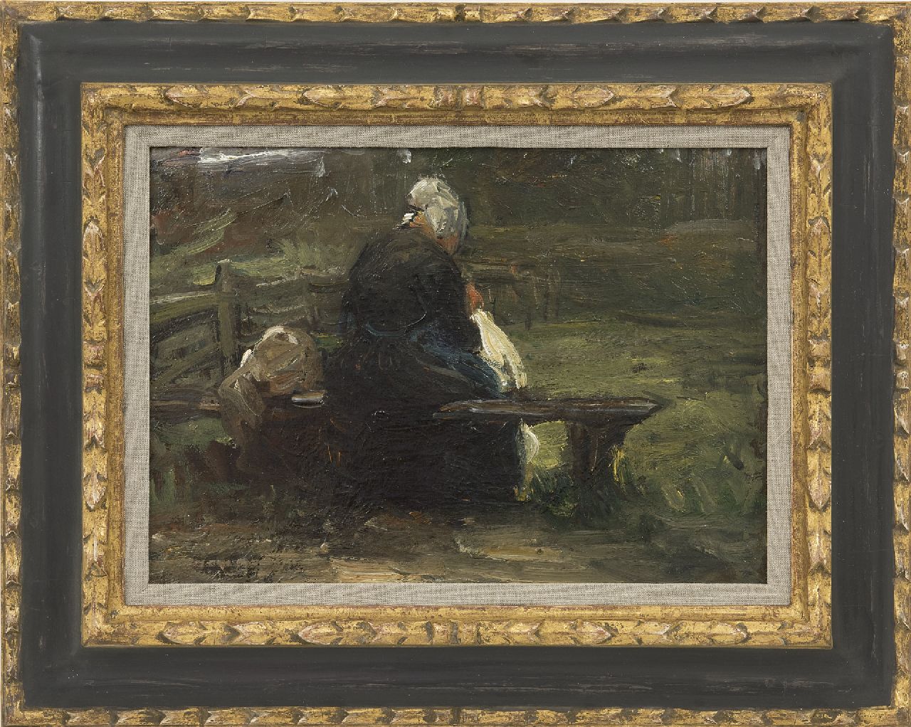 Blommers B.J.  | Bernardus Johannes Blommers | Paintings offered for sale | A fisherman's wife on a bench, oil on canvas 25.0 x 35.1 cm, gesigneerd met verso atelierstempel