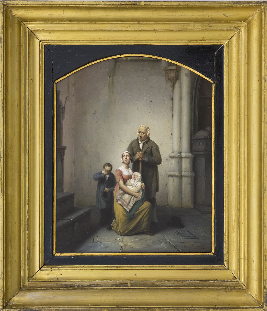 Haanen G.G.  | George Gillis Haanen | Paintings offered for sale | A family at the church exit, oil on panel 34.3 x 27.1 cm, signed l.r. and dated 1832