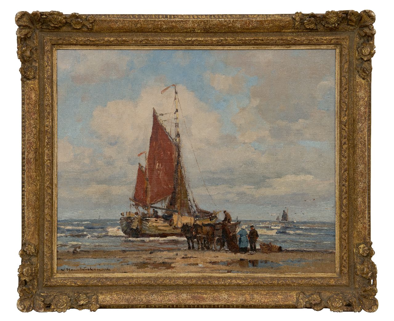Hambüchen W.  | Wilhelm Hambüchen | Paintings offered for sale | Fishing vessel in the surf, Katwijk, oil on canvas 50.0 x 60.5 cm, signed l.l.