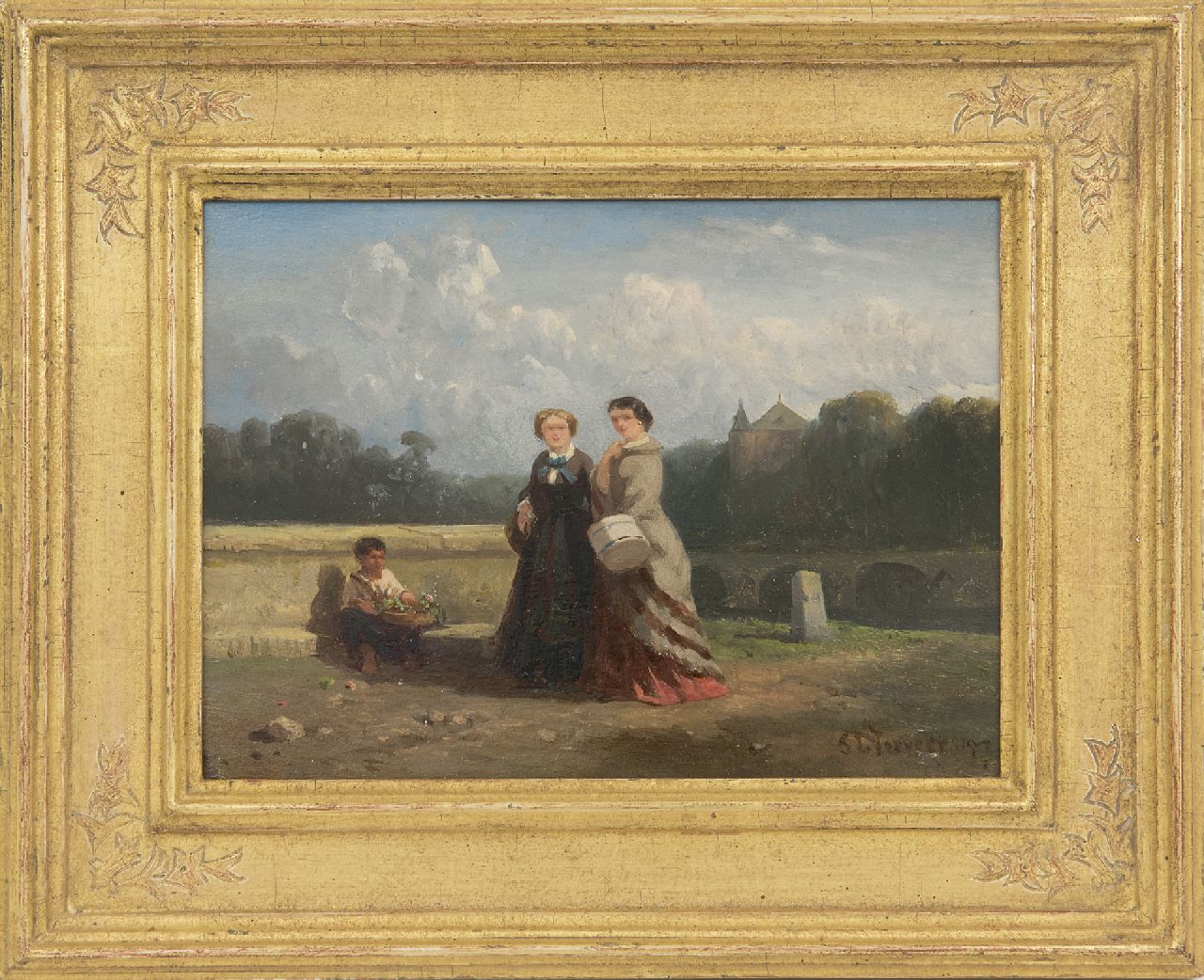 Verveer S.L.  | 'Salomon' Leonardus Verveer | Paintings offered for sale | Two ladies and a child selling flowers in a landscape, oil on panel 15.1 x 20.2 cm, signed l.r. and dated '57