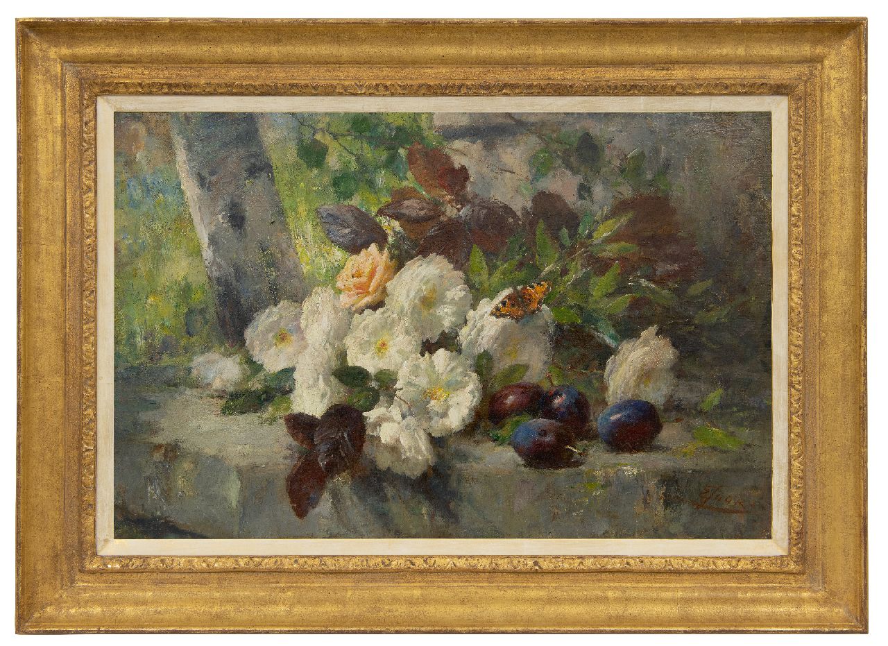 Joors E.  | Eugeen Joors | Paintings offered for sale | A still life with roses, fruit and a butterfly, oil on canvas 48.5 x 73.8 cm, signed l.r.