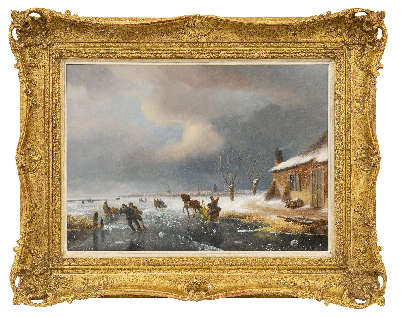 Roosenboom N.J.  | Nicolaas Johannes Roosenboom | Paintings offered for sale | Skaters on a frozen river at the outskirts of a town, oil on panel 36.1 x 50.0 cm, signed l.r.