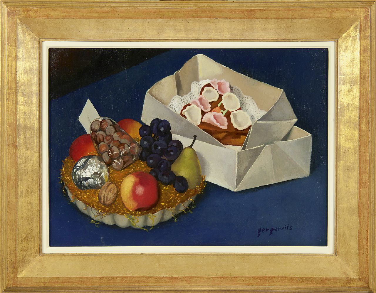 Gerrits G.J.  | Gerrit Jacobus 'Ger' Gerrits | Paintings offered for sale | Still life with a fruit basket and cake, oil on canvas 36.2 x 50.2 cm, signed l.r. and painted in May 1944
