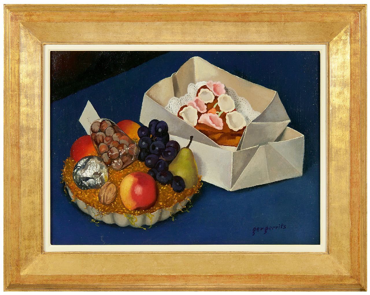 Gerrits G.J.  | Gerrit Jacobus 'Ger' Gerrits | Paintings offered for sale | Still life with a fruit basket and cake, oil on canvas 36.2 x 50.2 cm, signed l.r. and painted in May 1944