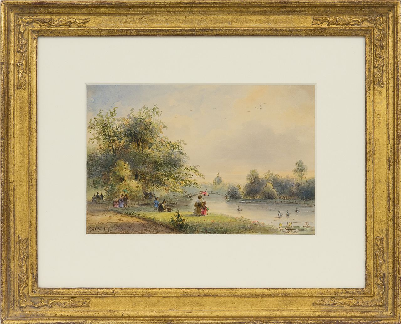 Kleijn L.J.  | Lodewijk Johannes Kleijn | Watercolours and drawings offered for sale | Figures near the pond of Huis ten Bosch in The Hague, watercolour on paper 14.0 x 21.5 cm, signed l.l. and on the reverse