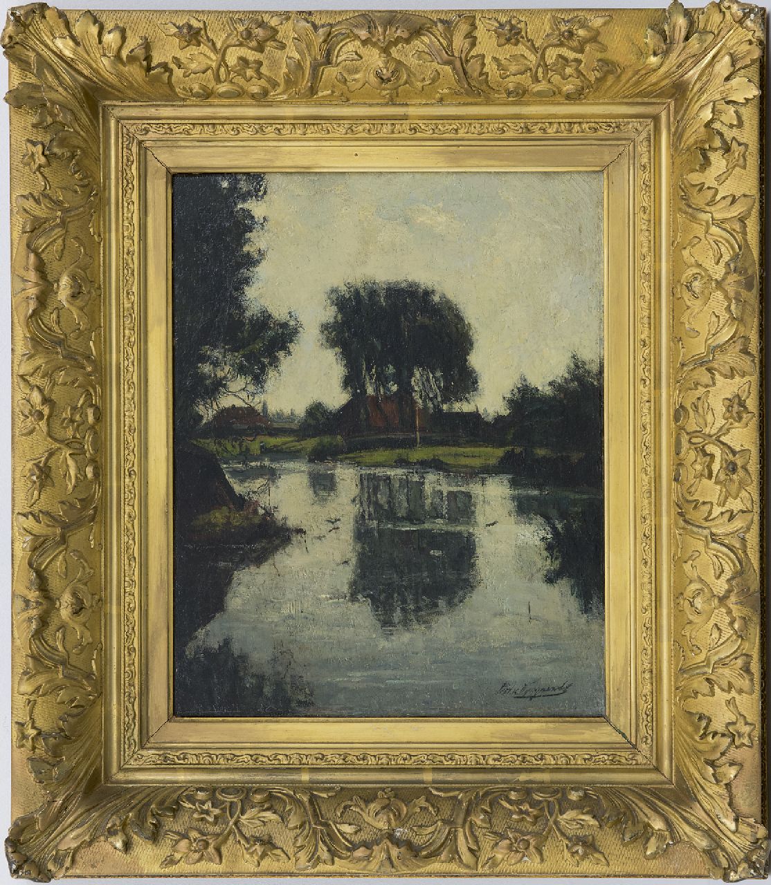 Wijngaerdt P.T. van | Petrus Theodorus 'Piet' van Wijngaerdt | Paintings offered for sale | A farm under trees along the water, oil on canvas 35.0 x 28.0 cm, signed l.r. and painted ca. 1908-1909