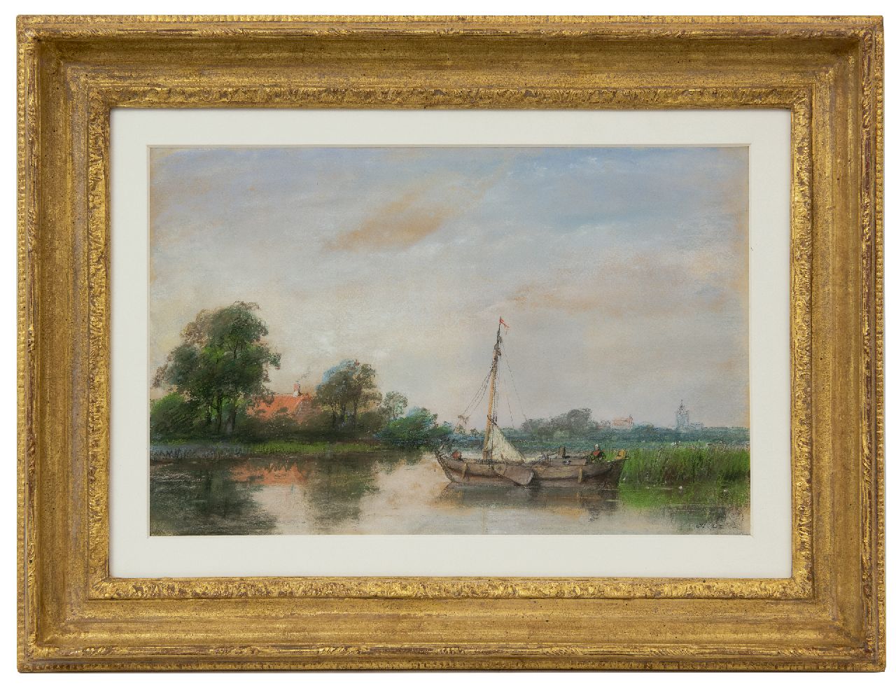 Schelfhout A.  | Andreas Schelfhout, Moored sailing ship in a landscape, pencil and pastel on paper 24.3 x 37.5 cm, signed l.r. with initials