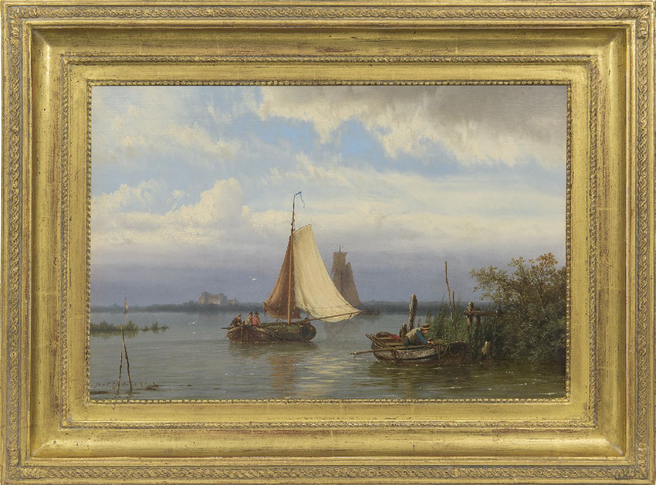 Koekkoek J.H.B.  | Johannes Hermanus Barend 'Jan H.B.' Koekkoek, Shipping on a river in a calm, oil on canvas 31.4 x 47.3 cm, signed l.l.