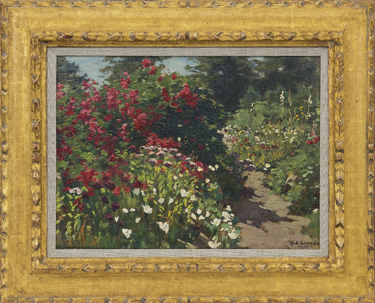 Koster A.L.  | Anton Louis 'Anton L.' Koster, In the garden, oil on canvas laid down on panel 28.5 x 39.0 cm, signed l.r. and dated 1916