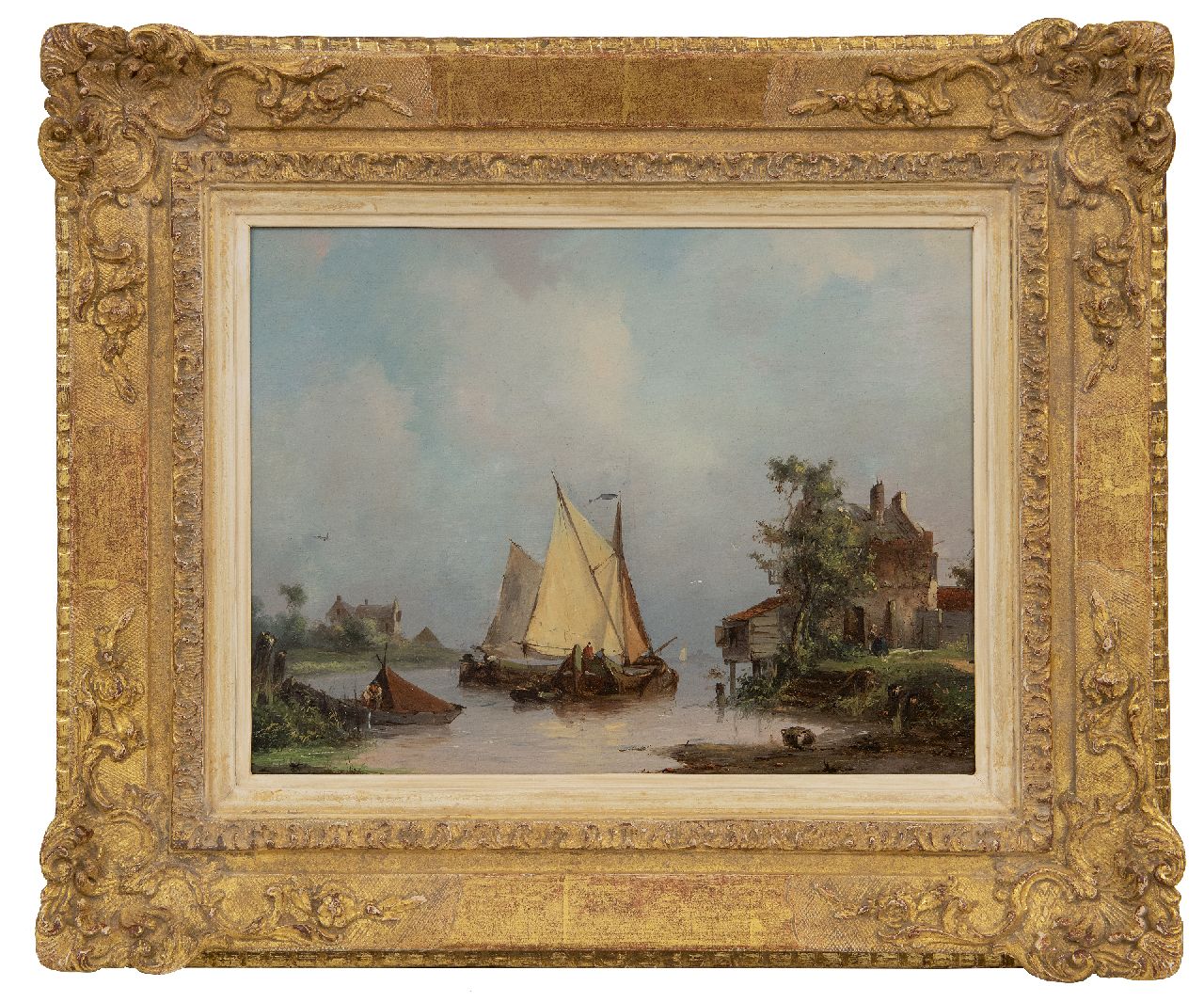 Hilleveld A.D.  | Adrianus David Hilleveld | Paintings offered for sale | Sailing ships on a river, oil on panel 24.8 x 32.3 cm