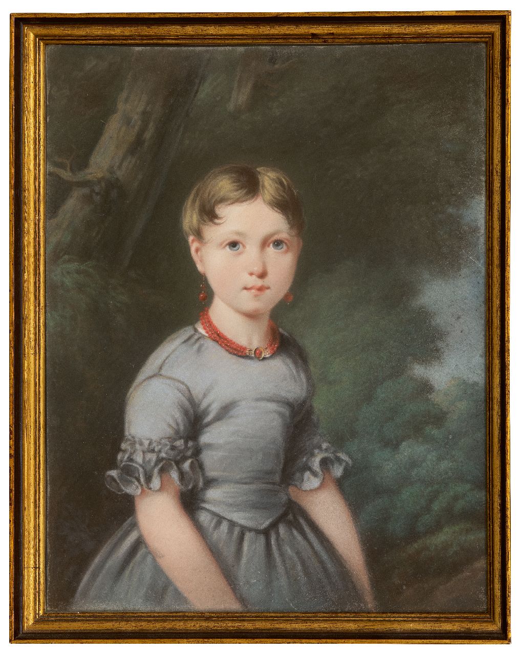 Daiwaille J.A.  | Jean Augustin Daiwaille | Watercolours and drawings offered for sale | Portrait of a girl in a blue dress, presumably Maria Louisa Engelman (1 from 4 portraits), pastel on paper 40.3 x 32.2 cm
