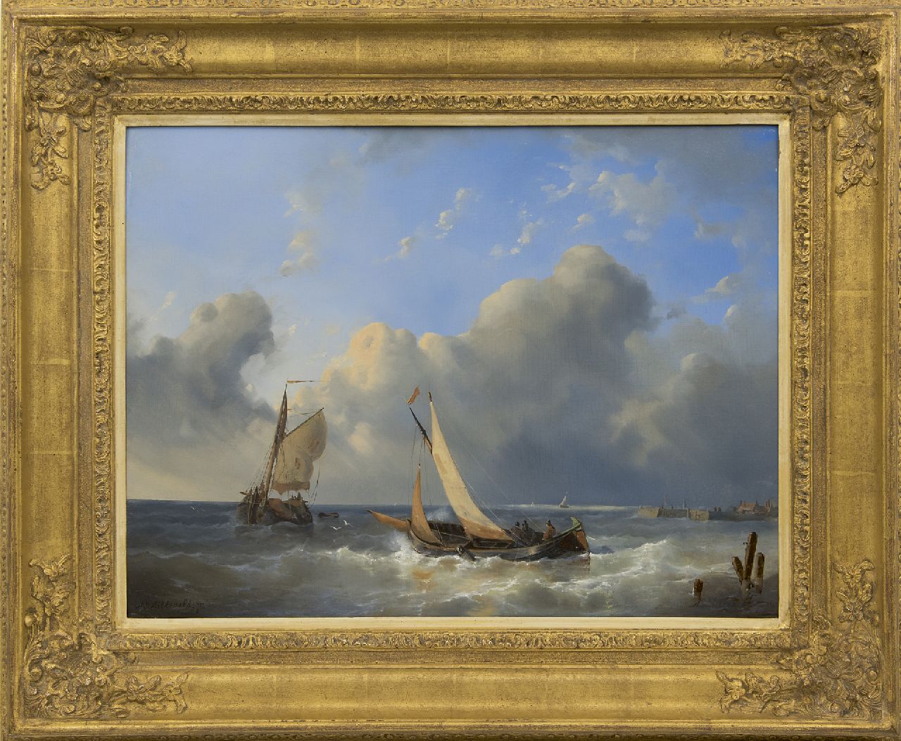 Hilleveld A.D.  | Adrianus David Hilleveld, Sailing vessels near the harbour entrance, oil on panel 42.5 x 56.5 cm, signed l.l. and l.r. and dated '54
