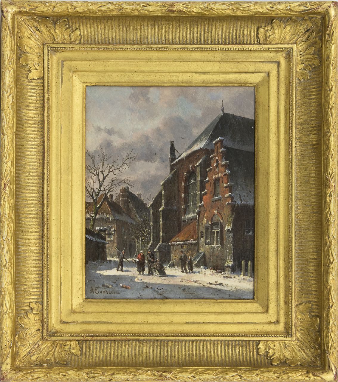 Eversen A.  | Adrianus Eversen, A town in winter with figures, oil on panel 25.0 x 19.5 cm, signed l.l.