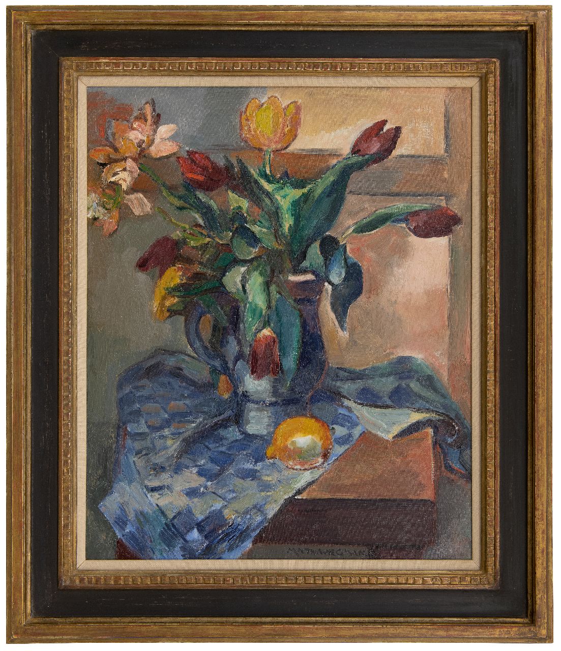 Wiegman M.J.M.  | Mattheus Johannes Marie 'Matthieu' Wiegman | Paintings offered for sale | A still life with tulips and a lemon, oil on canvas 61.4 x 50.1 cm, signed l.c.
