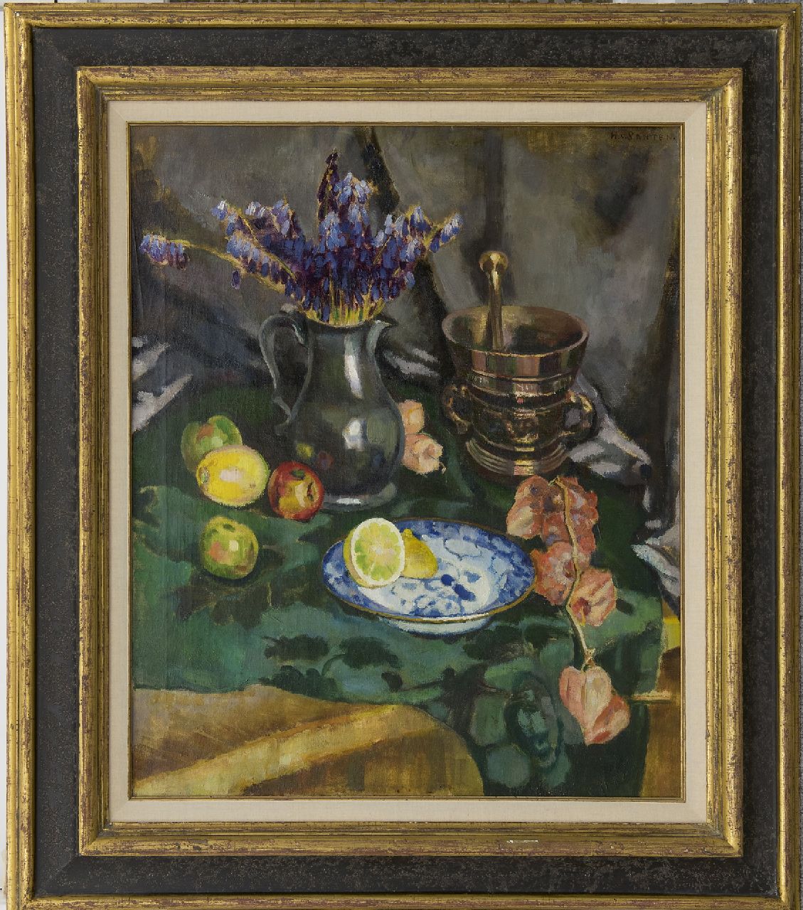 Santen A.J. van | Anna Jacoba 'Hans' van Santen, A still life with flowers, lemons and a mortar, oil on canvas 62.0 x 75.0 cm, signed u.r.