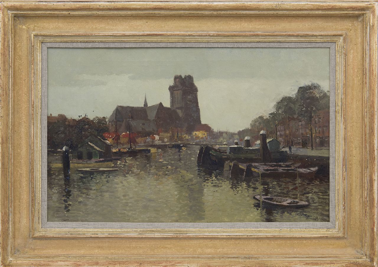 Soer C.  | Christiaan 'Chris' Soer, The Nieuwe Haven and the Grote Kerk, Dordrecht, oil on canvas 38.5 x 60.5 cm, signed l.r.