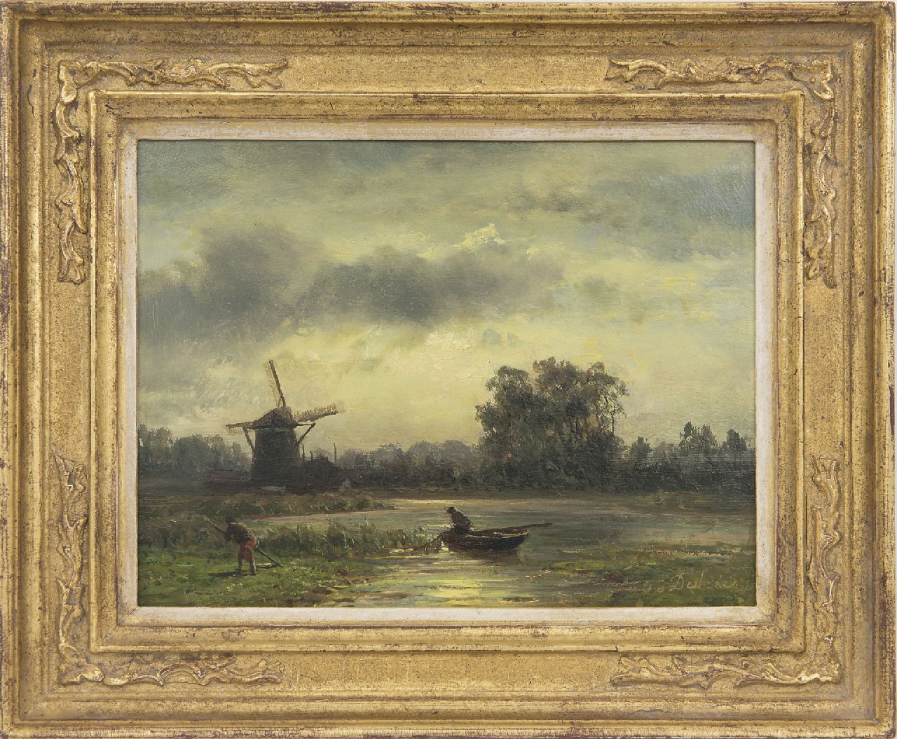 Destrée J.J.  | Johannes Josephus Destrée, A river landscape with a farmer and fisherman near a windmill, oil on panel 14.2 x 18.6 cm, signed l.r.