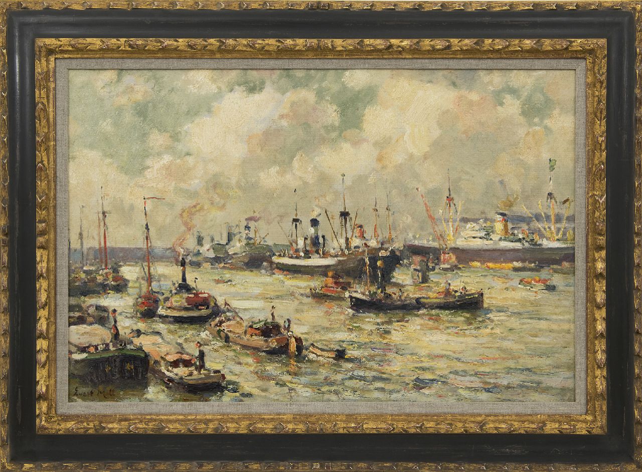 Moll E.  | Evert Moll | Paintings offered for sale | Activity in the Rotterdam harbour, oil on canvas 40.1 x 60.5 cm, signed l.l.