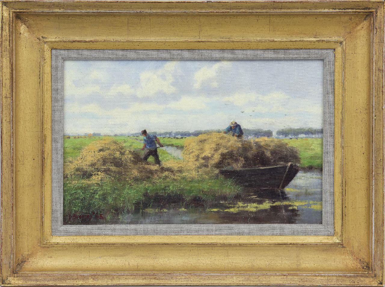 Holtrup J.  | Jan Holtrup, Harvest time near Akkrum, oil on canvas laid down on panel 18.5 x 28.6 cm, signed l.l. signed 'J. Poepjes' and dated '45