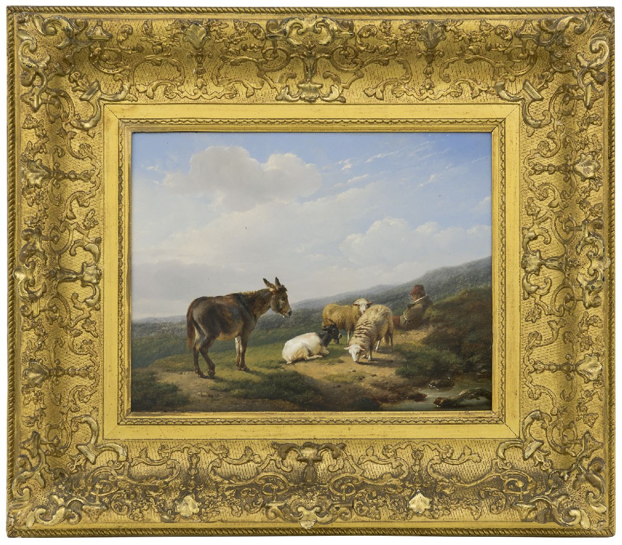 Verboeckhoven E.J.  | Eugène Joseph Verboeckhoven, A shepherd with his sheep, a goat and a donkey, oil on panel 24.7 x 32.2 cm, signed l.l.